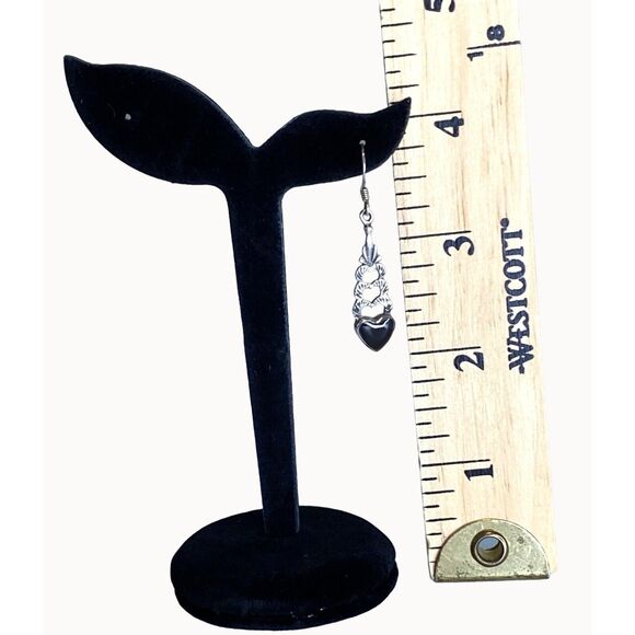 Vintage 9.25 Sterling Silver & Black Onyx Heart Drop Dangle Earrings - Picture 5 of 6